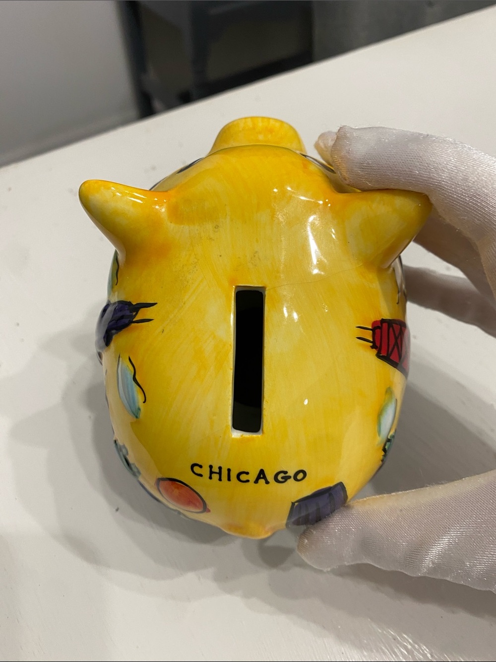 Vintage Ceramic Hand-Painted Yellow Chicago Cityscape Skyline Piggy Bank - Picture 16 of 16